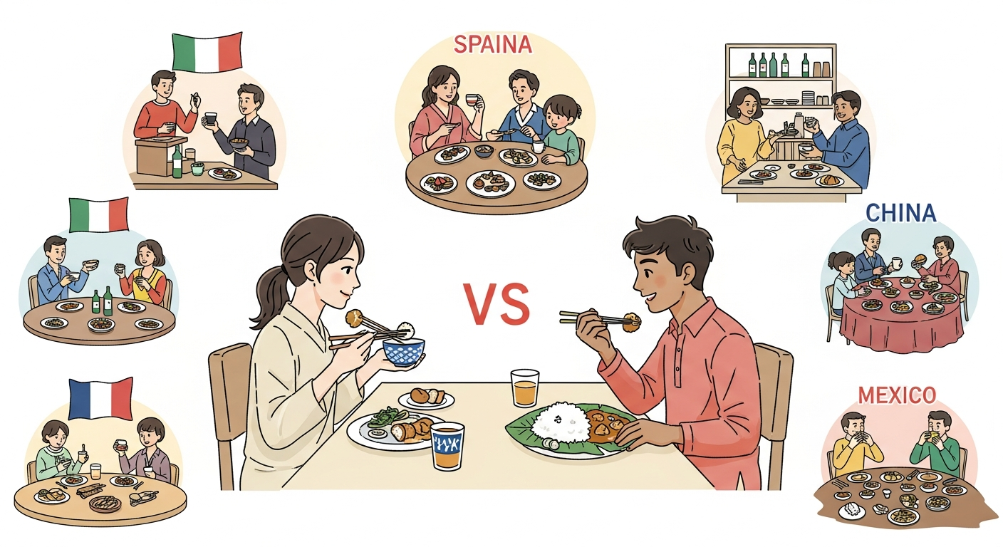 明るい色調で、インドと日本をはじめ各国の食マナーの違いを一枚で表現したWeb記事向けイラスト。
