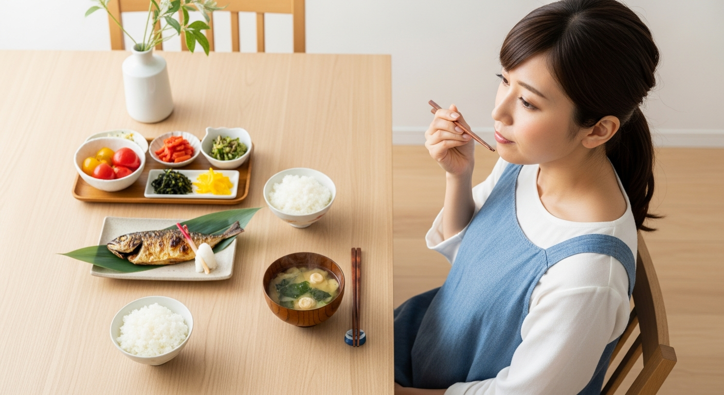 明るい和風ダイニングのテーブルを俯瞰ぎみに写した写真風イラスト。