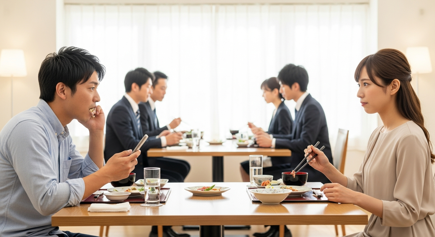 明るい色調で、落ち着いた雰囲気の和風レストランのテーブル席。