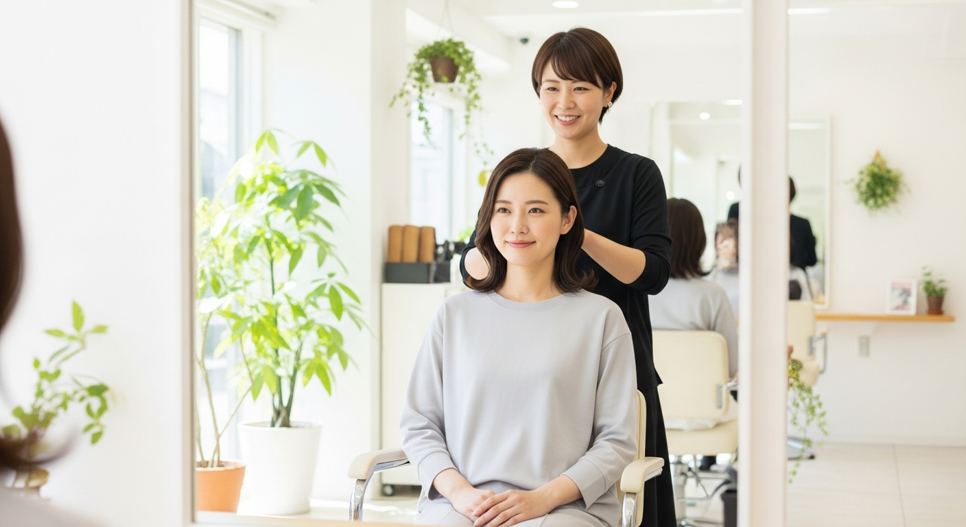 明るい美容室の店内で、20代の日本人女性が鏡の前の椅子に座り、首元がすっきりしたシンプルなクルーネックのトップスとパンツスタイルでリラックスしている様子を描いたイラスト。