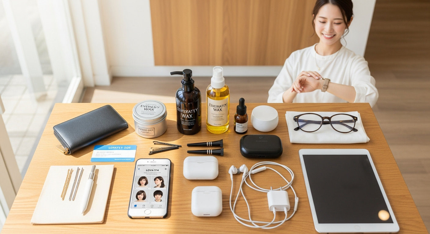 明るい日差しが入る清潔感のある日本の美容室の待合スペース。