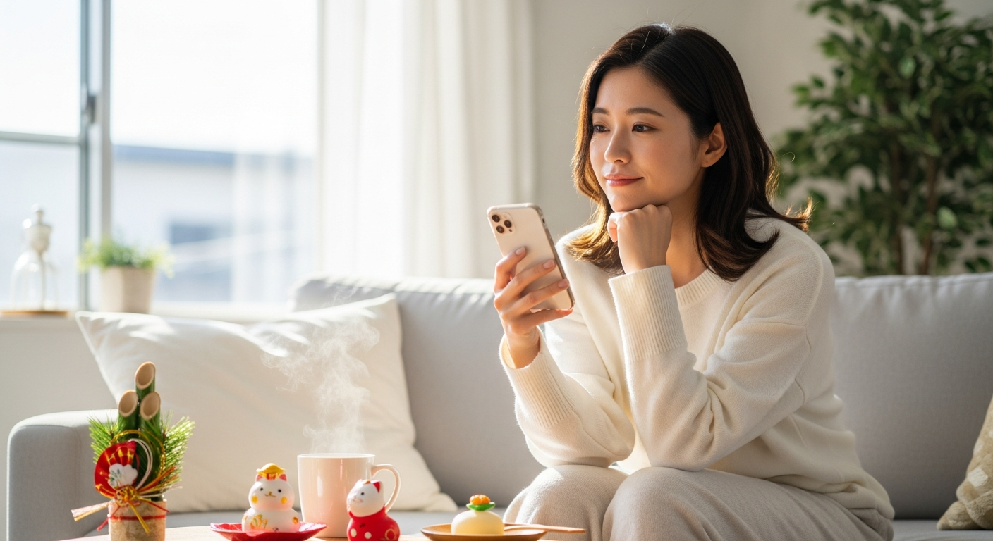 明るい色調で、冬の朝の柔らかな光が差し込むリビング。