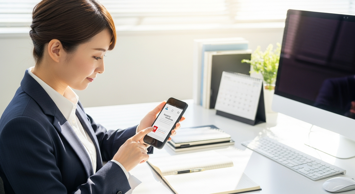 オフィスのデスクで、20代の日本人女性会社員が落ち着いた表情でスマートフォンを操作しており、画面にはビジネスライクな新年の挨拶メッセージを送信している様子がわかる。