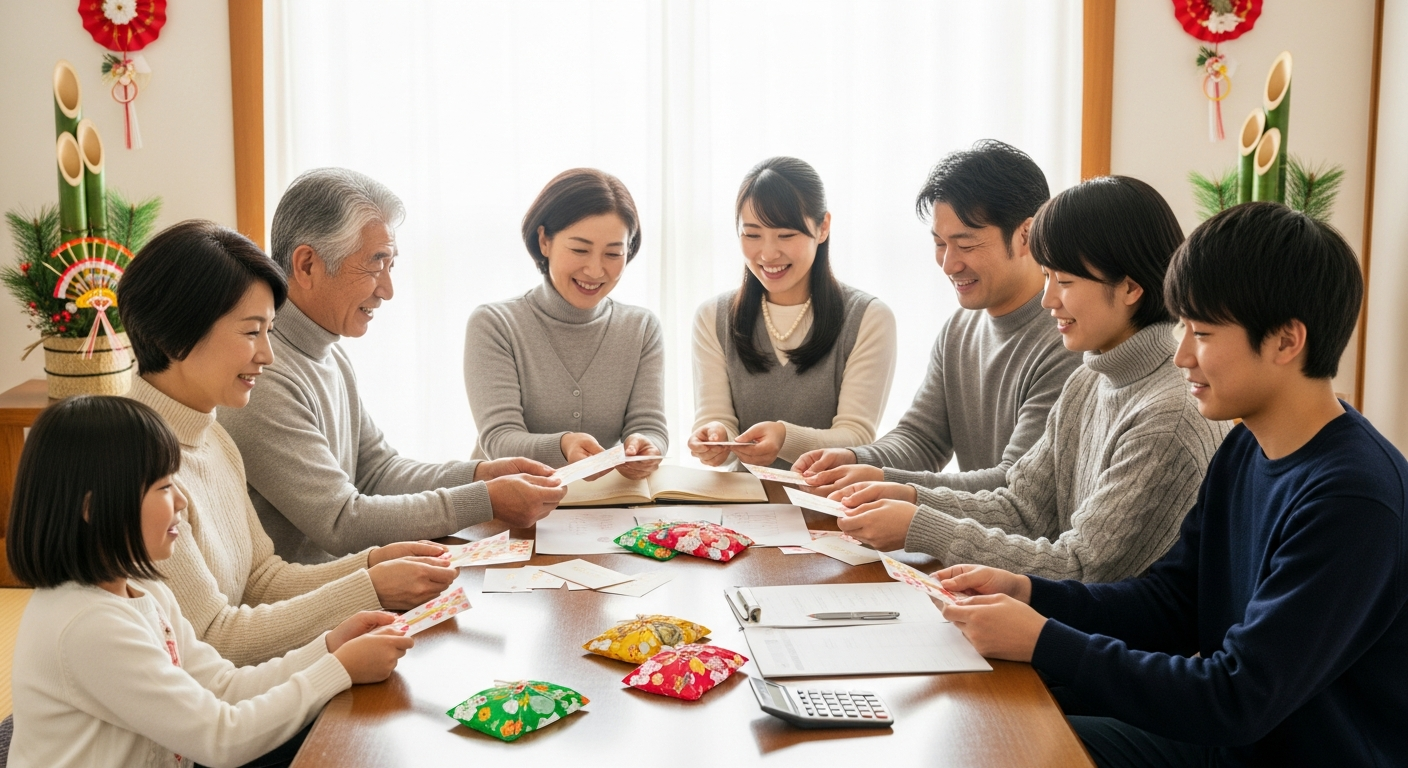 明るい日差しの差し込む和室のリビングで、正月らしい紅白の飾りや門松がさりげなく置かれている。