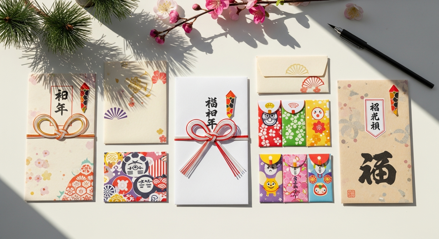 白いテーブルの上に、和柄や無地、キャラクター柄などデザインの異なるポチ袋・お年玉袋・祝儀袋が種類別にきれいに並べられている様子を俯瞰で写した写真風イメージ。