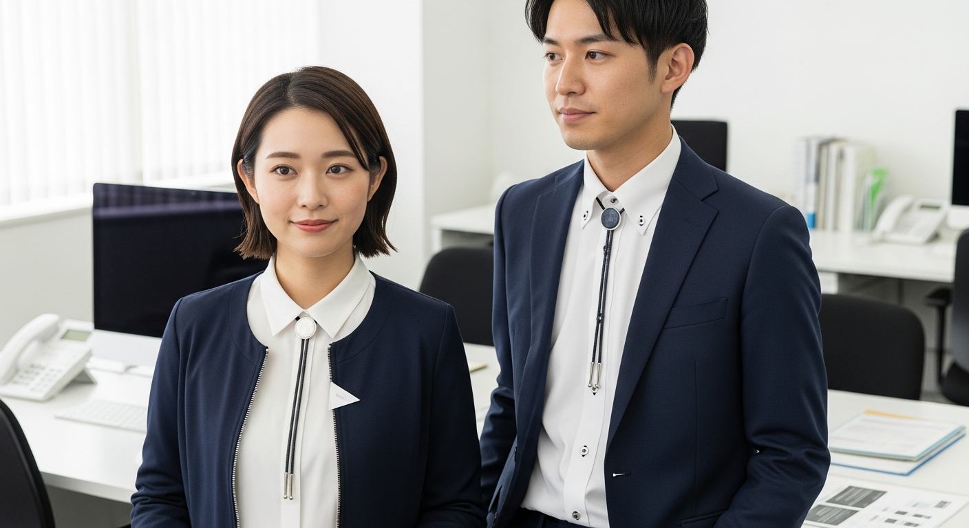 明るい色調で、現代的なオフィスの一角を背景に、20代後半の日本人男性と20代の日本人女性がそれぞれビジネススタイルでデスク横に立っているシーン。