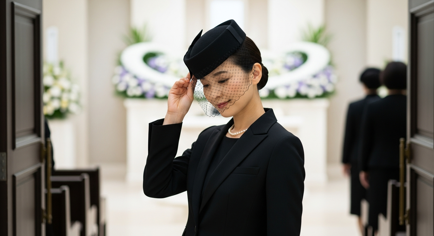 落ち着いた葬儀会場の一角、黒の喪服をきちんと着こなした30代前半の日本人女性が、黒のマットな質感のトーク帽と短めの黒ベールを身につけ、静かに会場入口付近で立ち止まり、帽子の位置をそっと整えている様子。