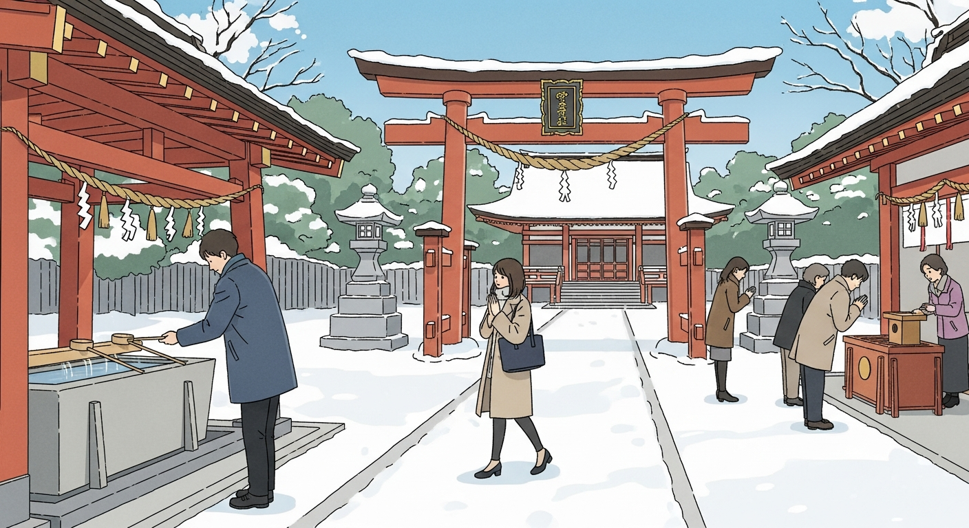 雪のうっすら積もった冬の神社の境内を、明るくやわらかな色調で描いたイラスト。
