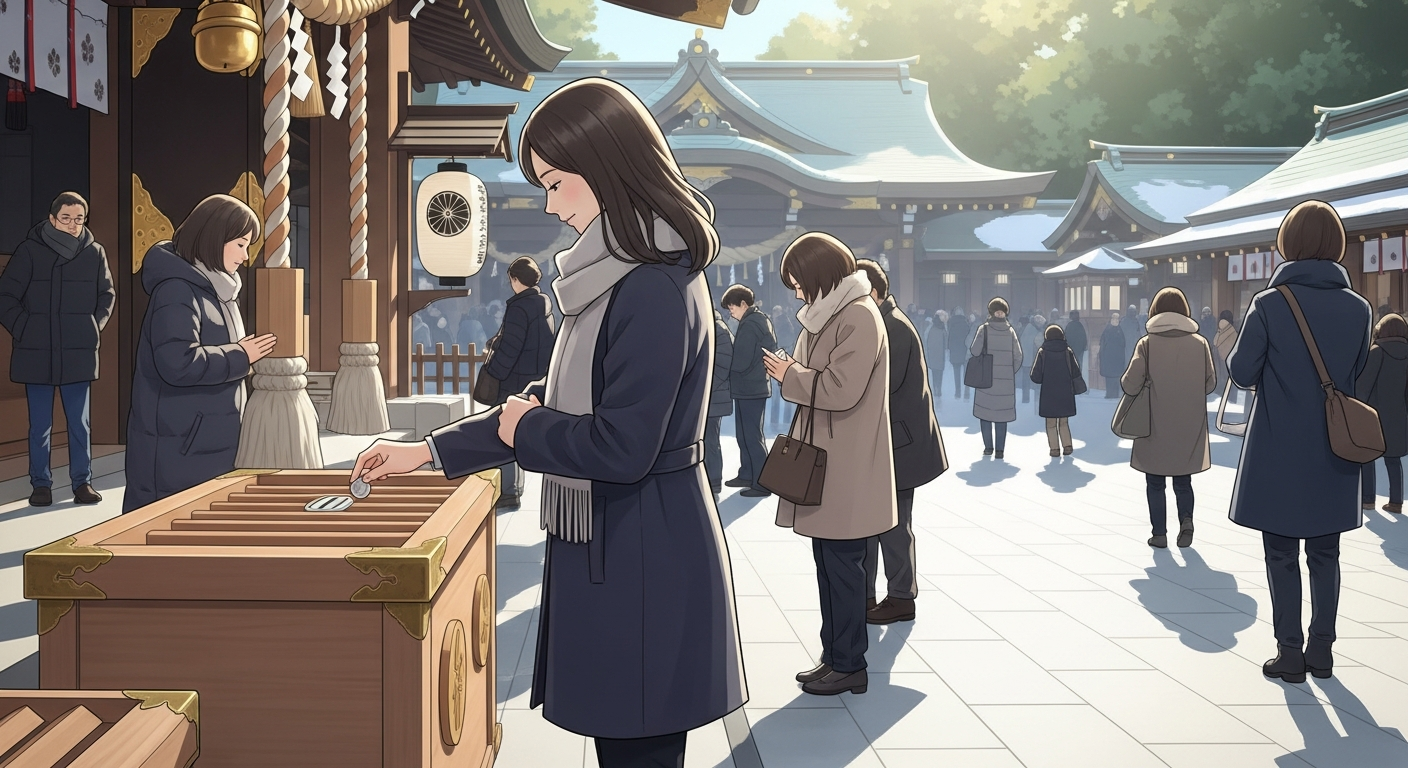 明るい冬晴れの神社の参道を背景に、拝殿前の賽銭箱にそっと硬貨を入れる20代の日本人女性をやや斜め後ろからとらえた自然な構図のイラスト。