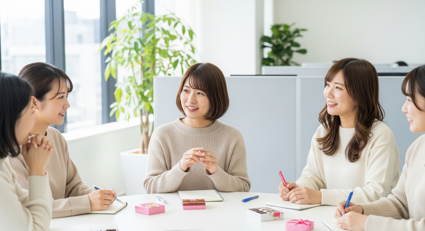 オフィスの休憩スペースで、20代〜30代の日本人女性数人が、机を囲んでバレンタインの義理チョコについて話し合っている様子。