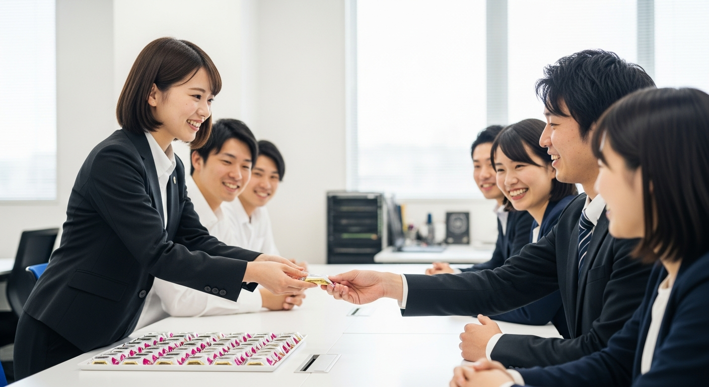 明るいオフィスの休憩スペースで、20代の日本人女性会社員が、デスク近くに集まった複数の日本人男女の同僚たちに、小さめの同じ種類のチョコレートを笑顔で配っている様子。