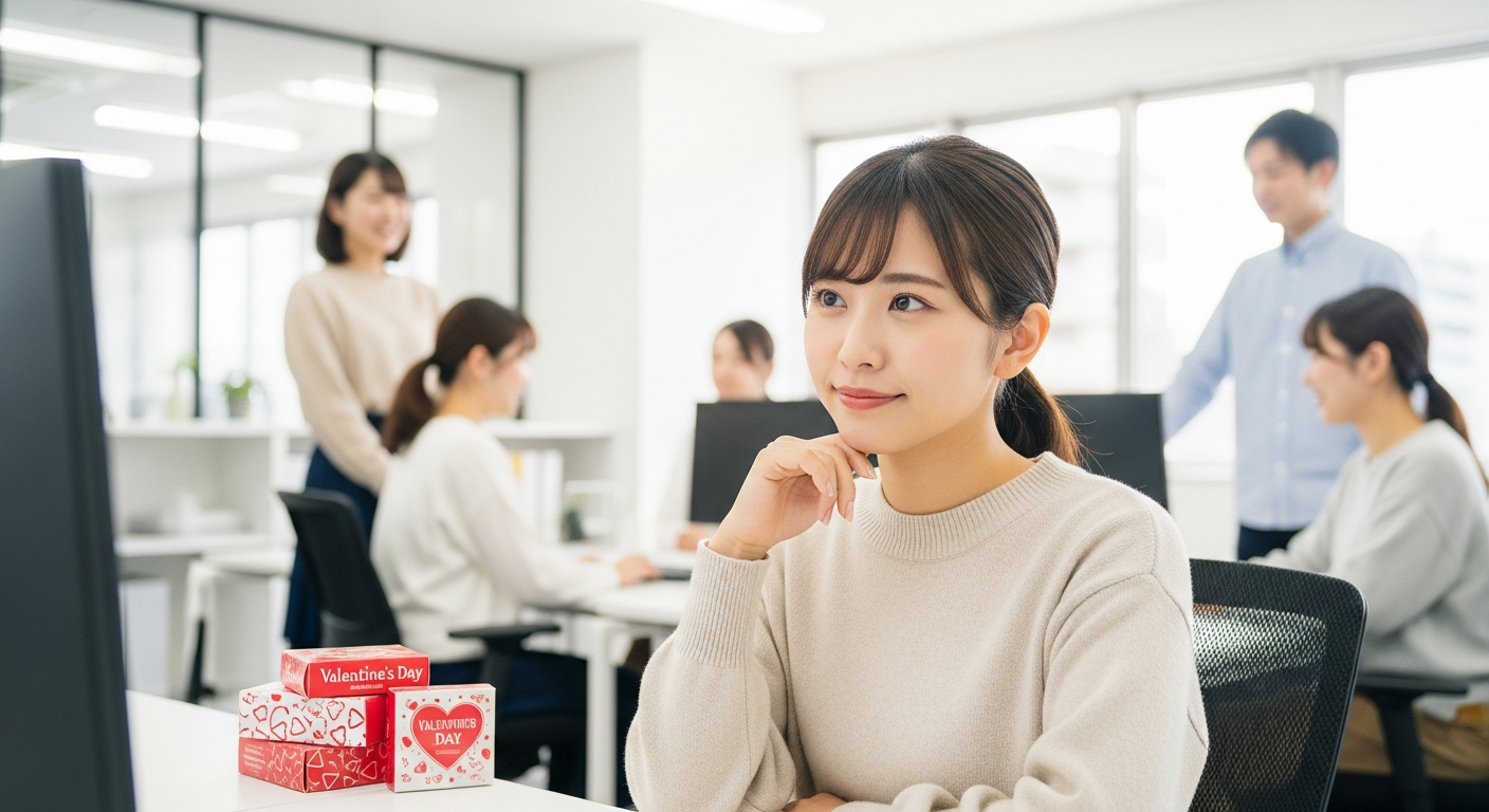 明るいオフィスで、20代の日本人女性会社員がデスクに座り、パソコン画面を見ながら少し考え込むような穏やかな表情をしている。