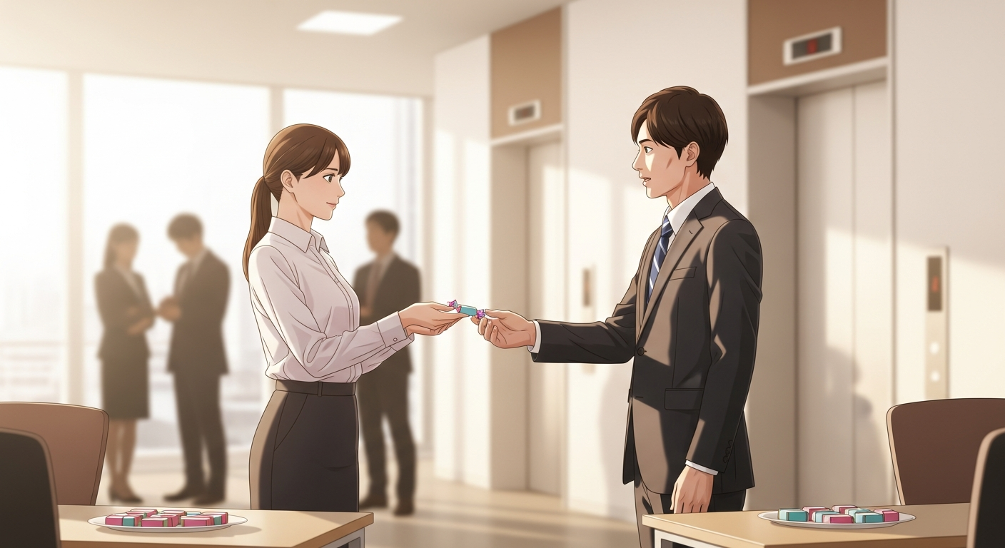 オフィスの一角、明るい色調で柔らかい日差しが差し込む夕方の雰囲気。