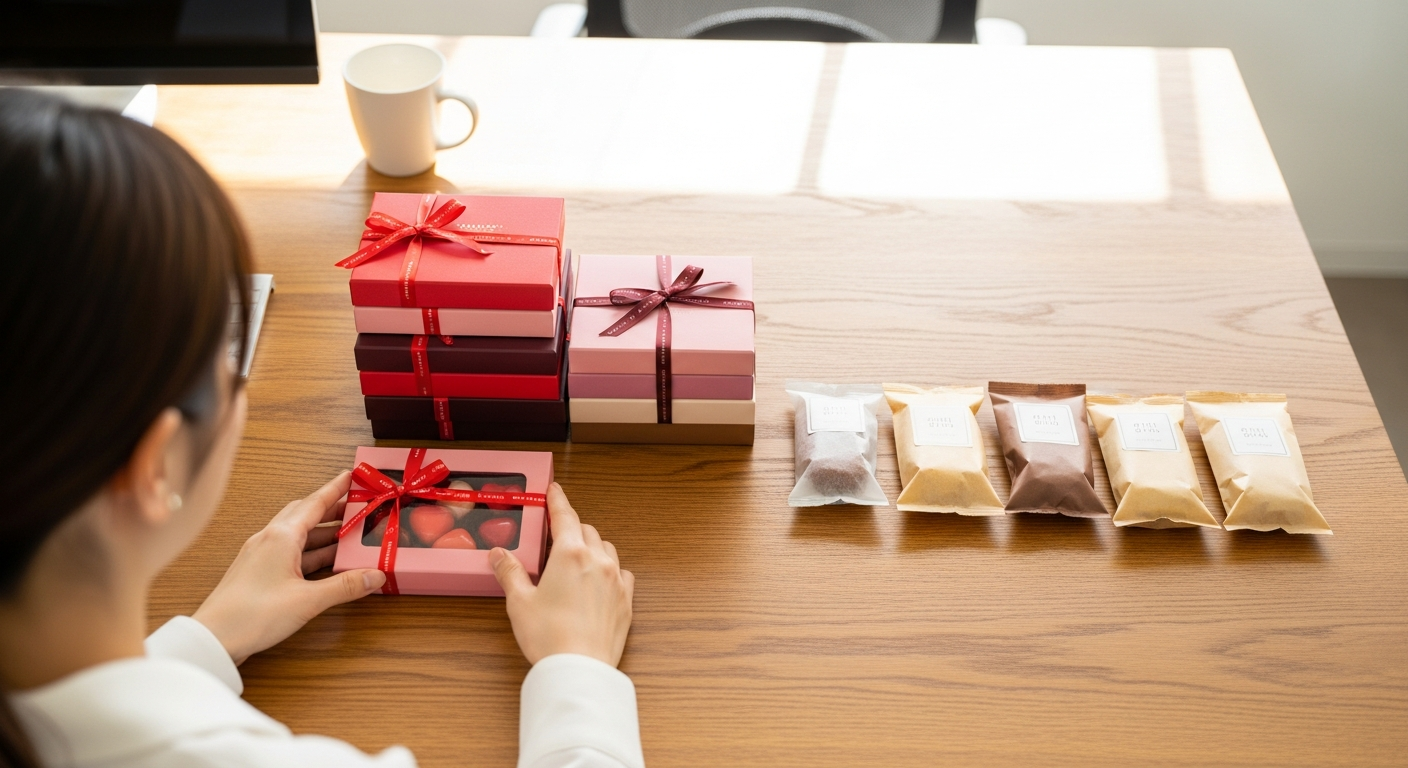 明るい色調で、オフィスのデスクの上に本命チョコと義理チョコがわかりやすく対比されている構図。