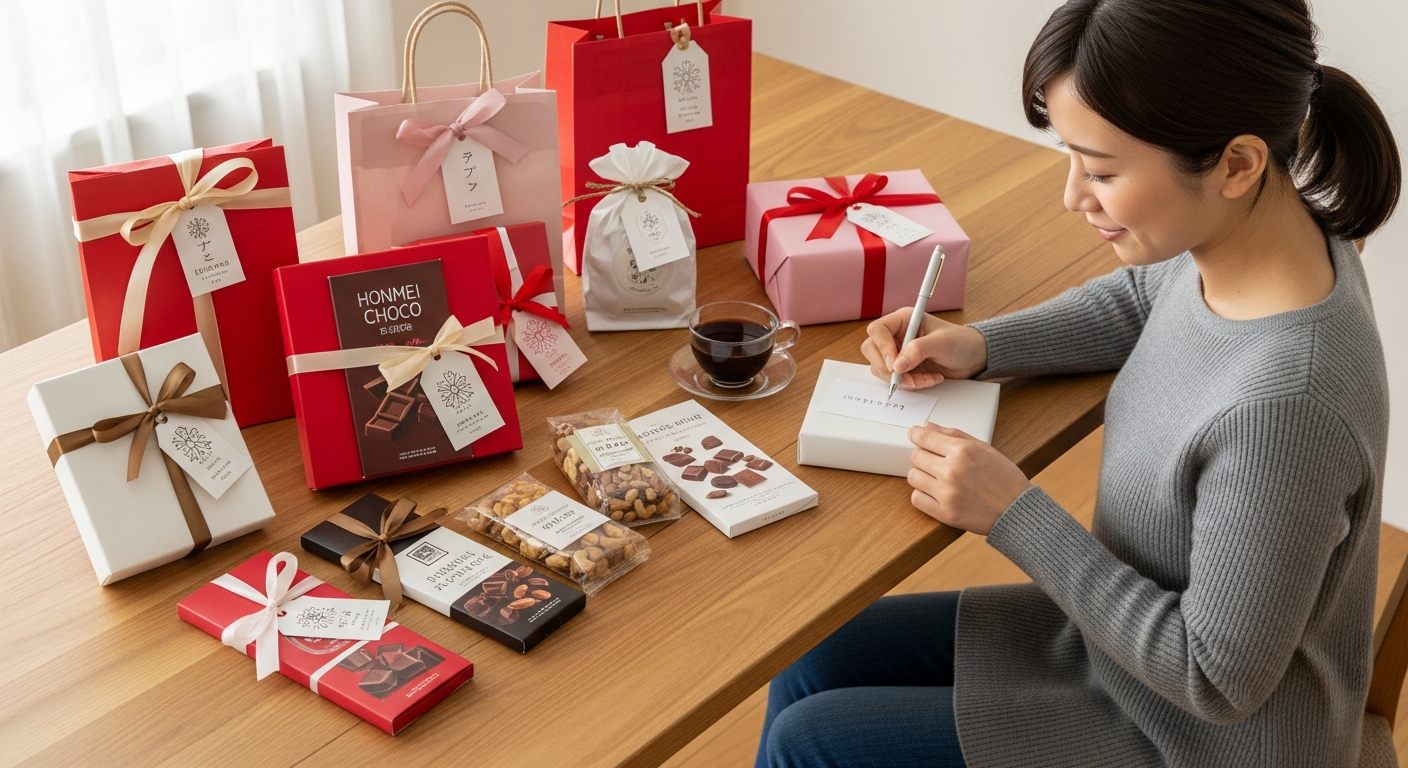明るい色調で、木目のテーブルの上にさまざまなバレンタインギフトが並んでいるシーン。