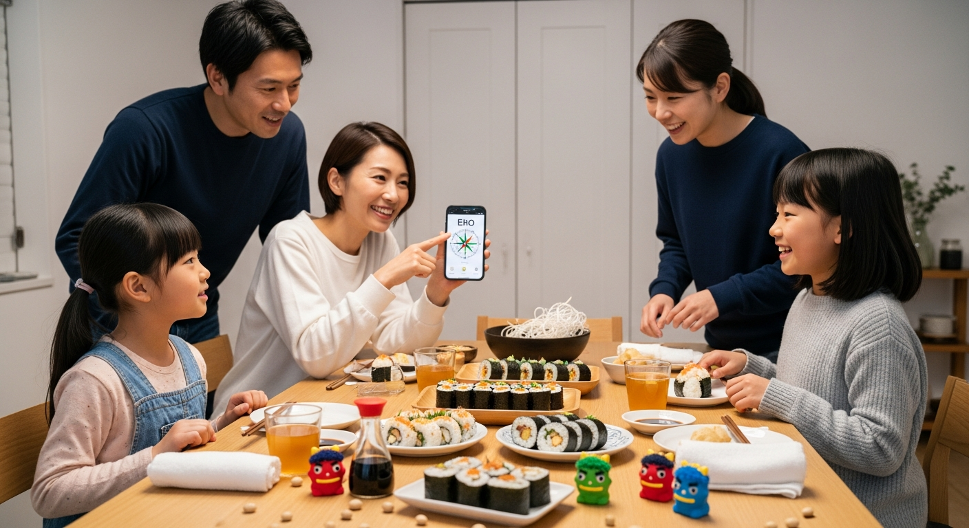 明るい色調で、夜のリビングダイニング。