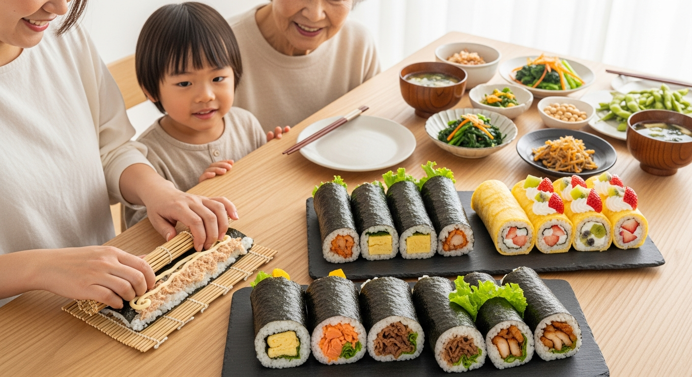 明るい色調で、木目のテーブルの上に手作りの恵方巻がいくつか並んだ食卓シーン。