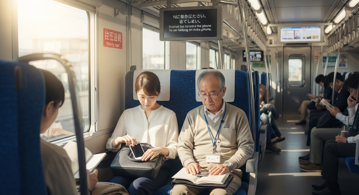 明るい色調の日本の通勤電車の車内、日中の柔らかな光が差し込む中、座席近くに「優先席」のステッカーが見える。