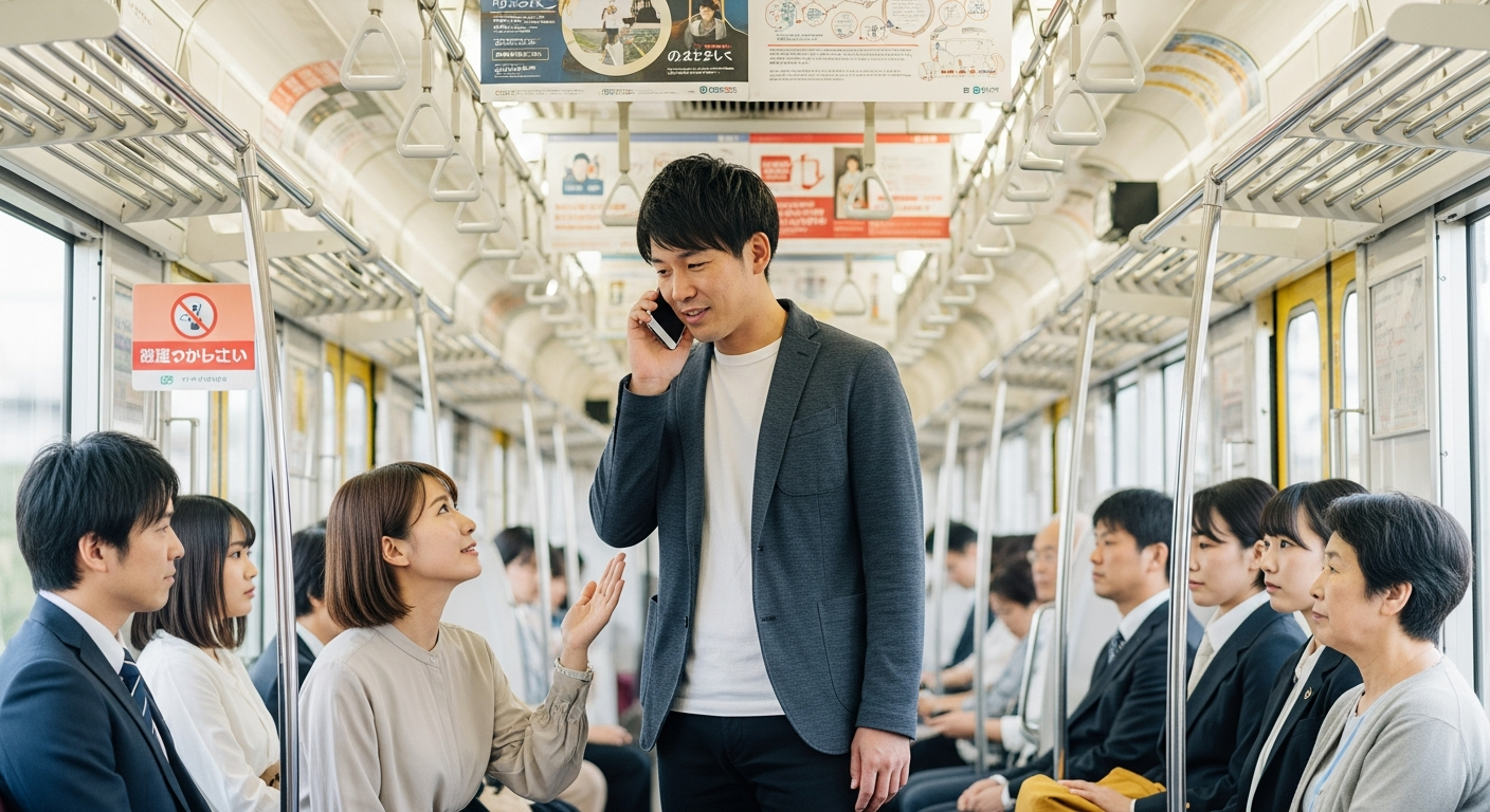 明るい色調で、日中の日本の電車車内。