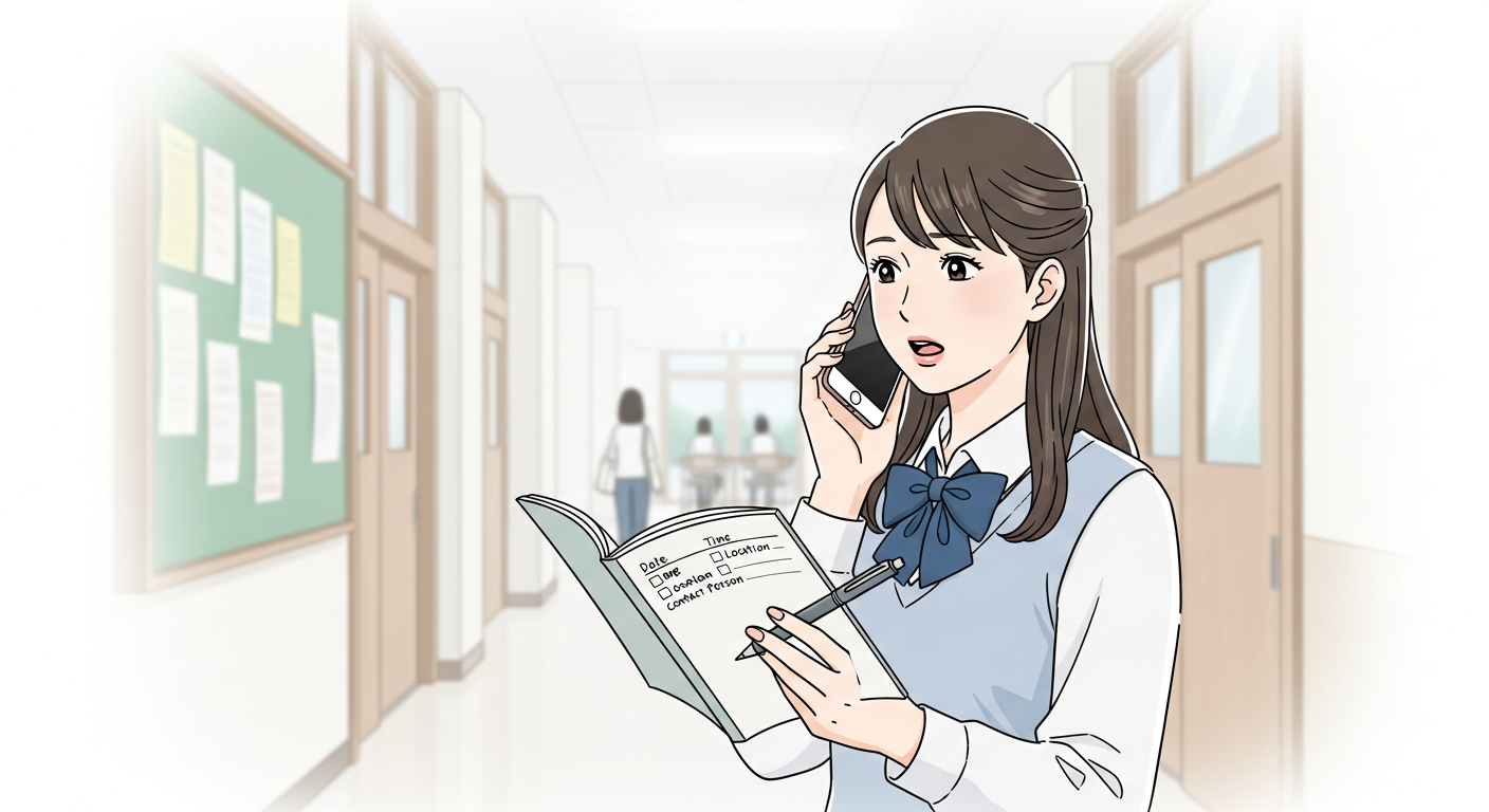 明るい色調で、大学の静かな廊下の端に立つ20代の日本人女性の学生が、スマートフォンを耳に当てて少し緊張しながらも丁寧に話している様子を描く。
