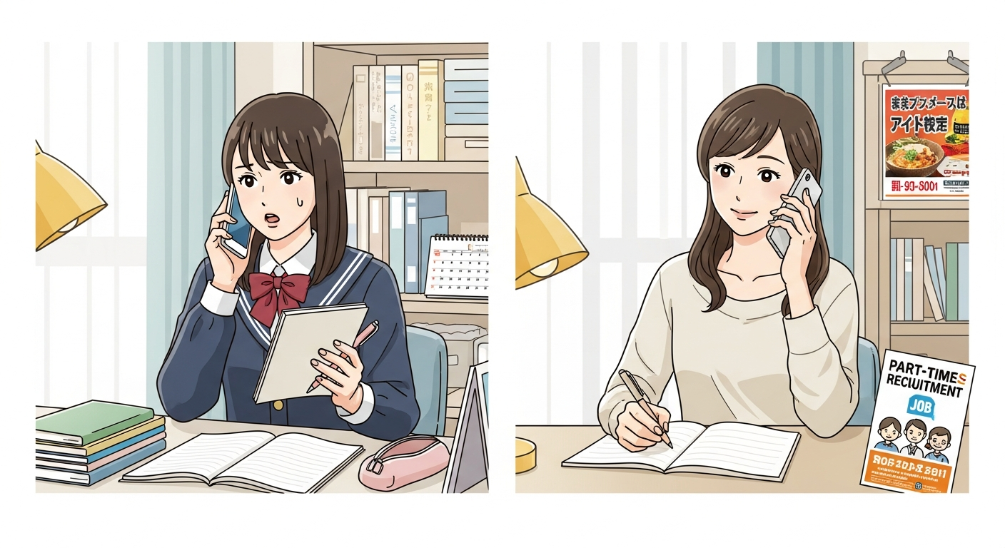 明るい色調で、制服姿の高校生と私服の大学生の2人の日本人学生が、自宅の明るいリビングや勉強机のある部屋でそれぞれスマートフォンを耳に当てて丁寧に電話している様子を描いたイラスト。