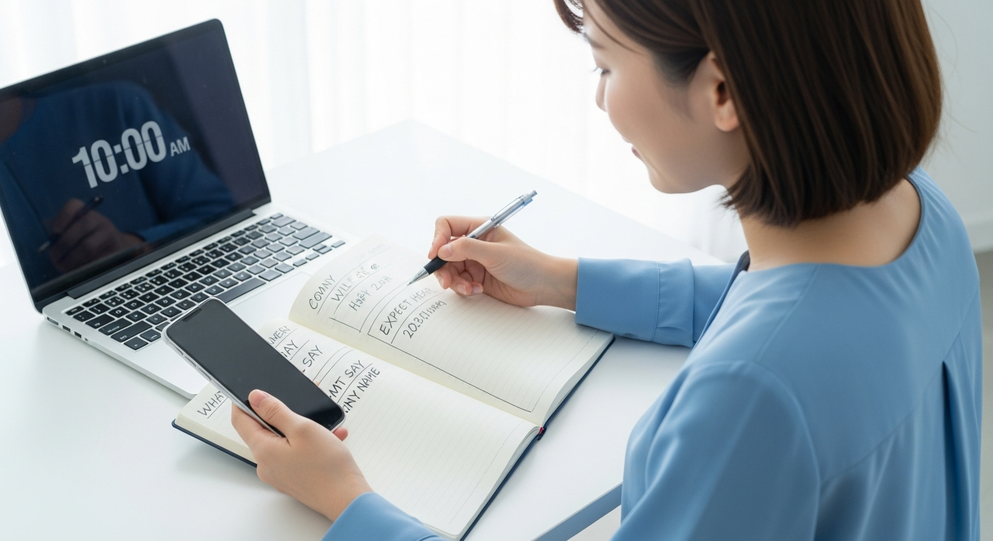 明るいオフィスのデスクで、20代の日本人女性がスマートフォンを手に取り、電話をかける前に落ち着いた表情でメモを確認しているシーン。