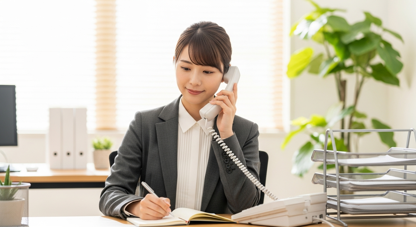 明るいオフィスで、20代の日本人女性がデスクで電話応対をしている様子。