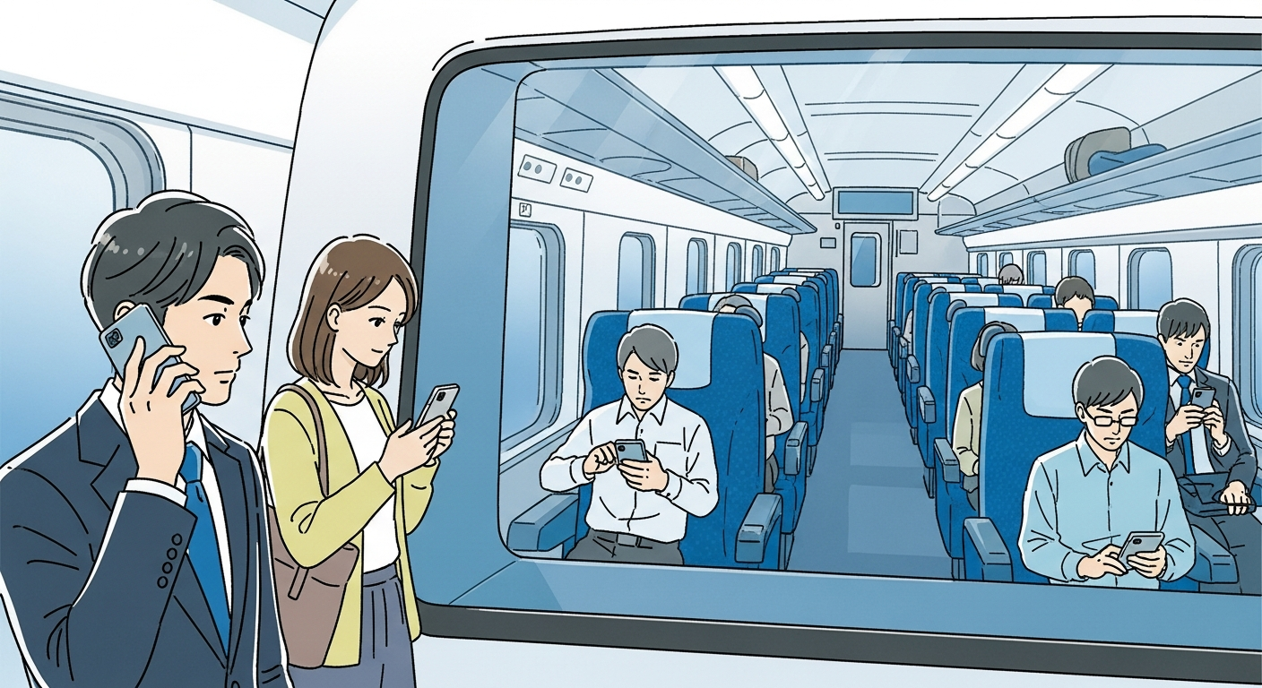 æ±æµ·éã»å±±éœæ°å¹¹ç·ã®è»å
ãããã§ã20ä»£ã®æ¥æ¬äººç·å¥³æ°äººãéãã«ã¹ããŒããã©ã³ã§é話ããŠããæ§åãæããã€ã©ã¹ãã