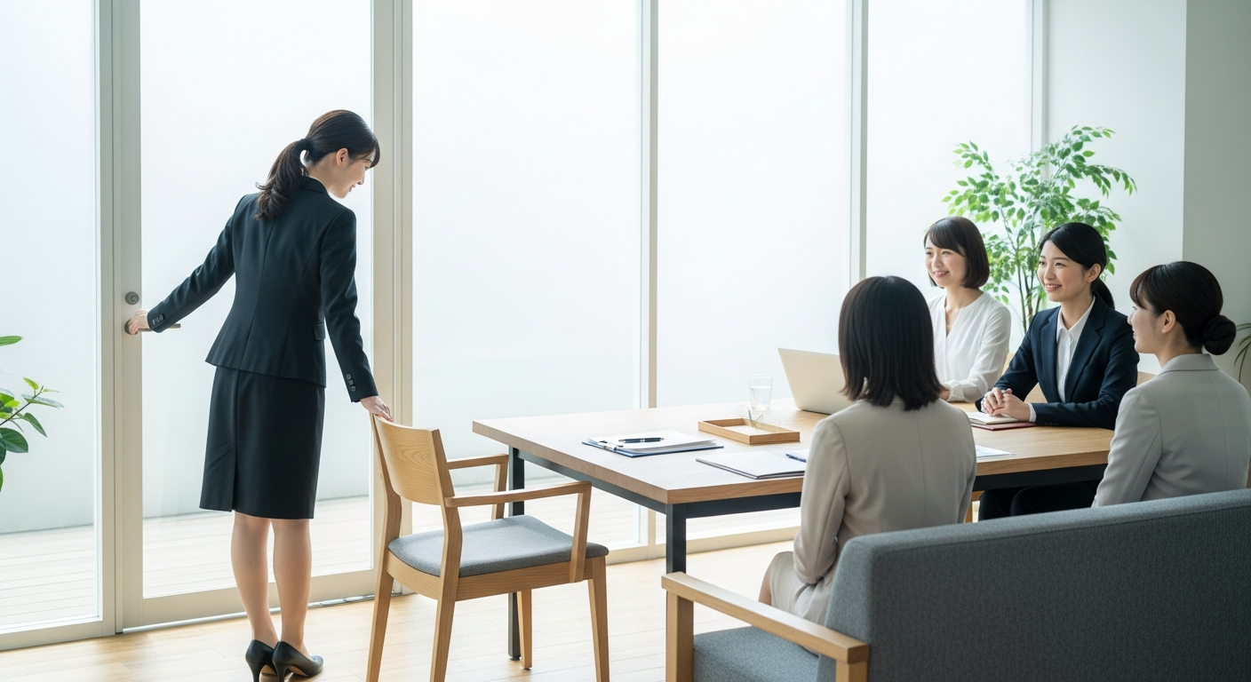 明るいガラス張りのオフィス応接室。