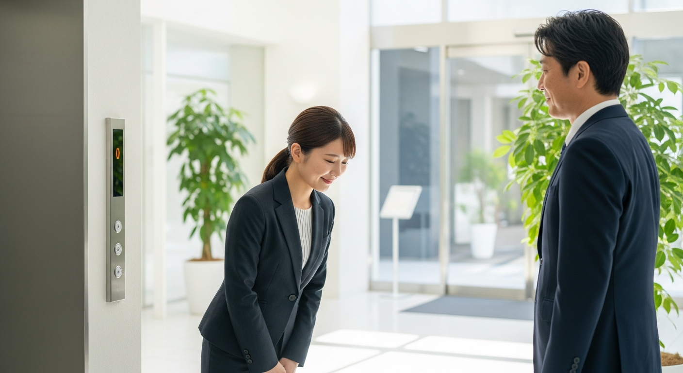 明るいオフィスのエントランスで、20代の日本人女性社員がスーツ姿でエレベーター前まで来客を丁寧に見送っている場面。