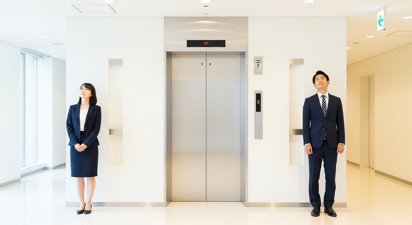 明るいオフィスビルのエレベーターホール、白や淡いベージュを基調とした清潔感のある内装。