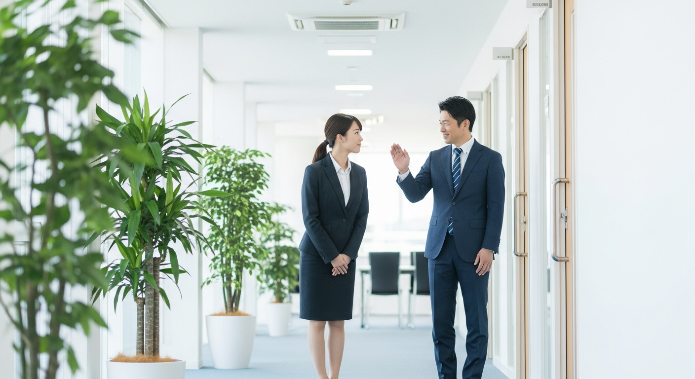 明るいオフィスの長い廊下で、すれ違いながら丁寧にあいさつを交わす様子を描く。