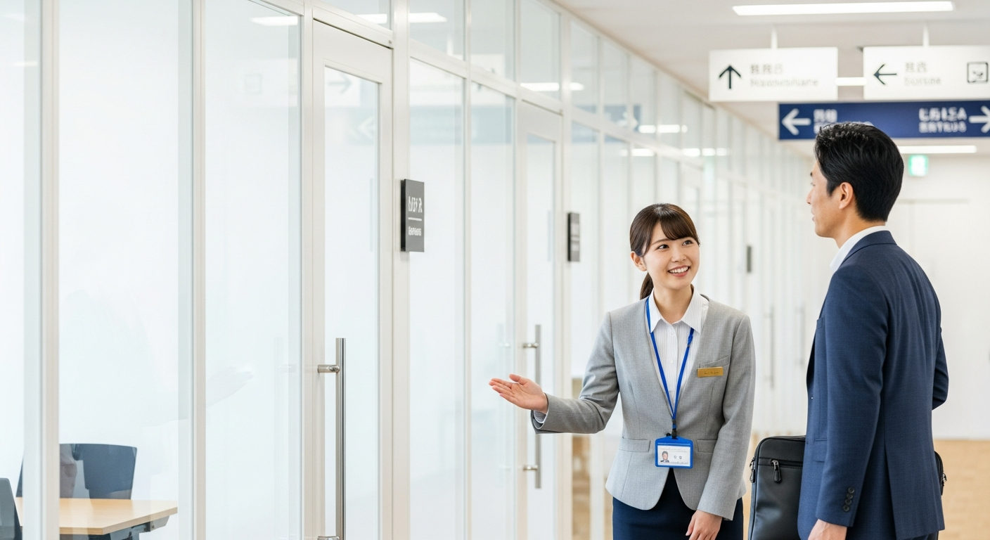 明るいオフィスの廊下で、20代の日本人女性社員が、スーツ姿の来客（40代前後の日本人男性）とすれ違いざまに半歩よけて軽く会釈しながら「いらっしゃいませ」と声をかけている瞬間を自然な距離感で描く。