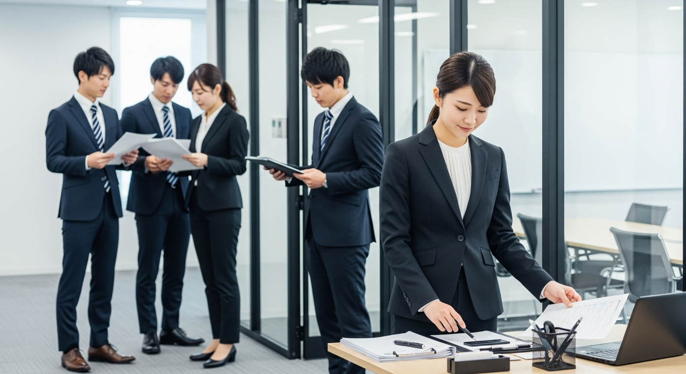 æãããªãã£ã¹ã®äŒè°å®€åã®å»äžã§ãå
¥å®€åã«æçµç¢ºèªãããŠãã20ä»£ã®æ¥æ¬äººç·å¥³æ°åã®ããžãã¹ããŒãœã³ã