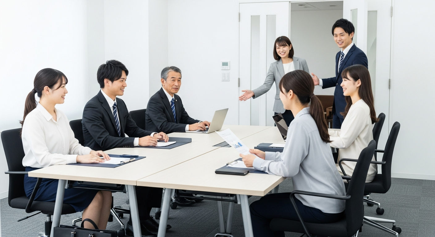 æããäŒè°å®€ãé·æ¹åœ¢ã®äŒè°ããŒãã«ãäžå¿ã«ã20代ã40ä»£ã®æ¥æ¬äººããžãã¹ããŒãœã³ç·å¥³ãæ°åçåžããŠããæ§åã