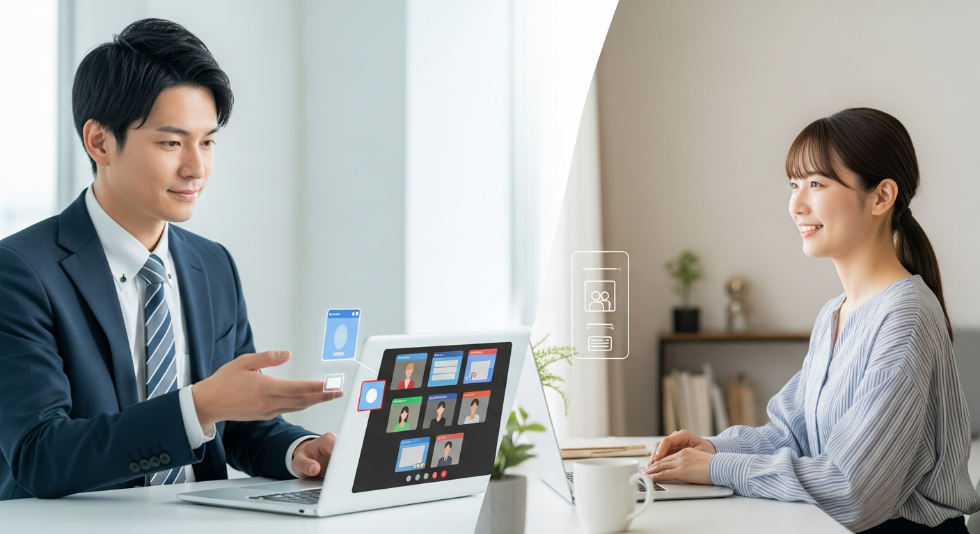 明るい色調で、現代的なオフィスと自宅が並んだような分割画面の構図。