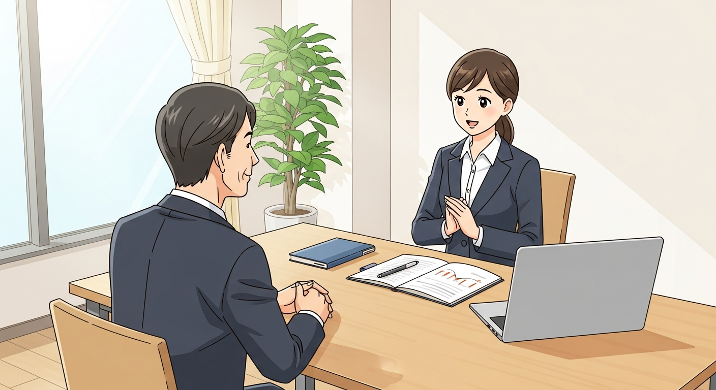 明るい色調で、現代的なオフィスの一角を背景に、20代の日本人女性社員が穏やかな表情でスーツ姿の中年の日本人男性上司に向かい合って座り、丁寧に結婚報告をしている様子を描いたイラスト。