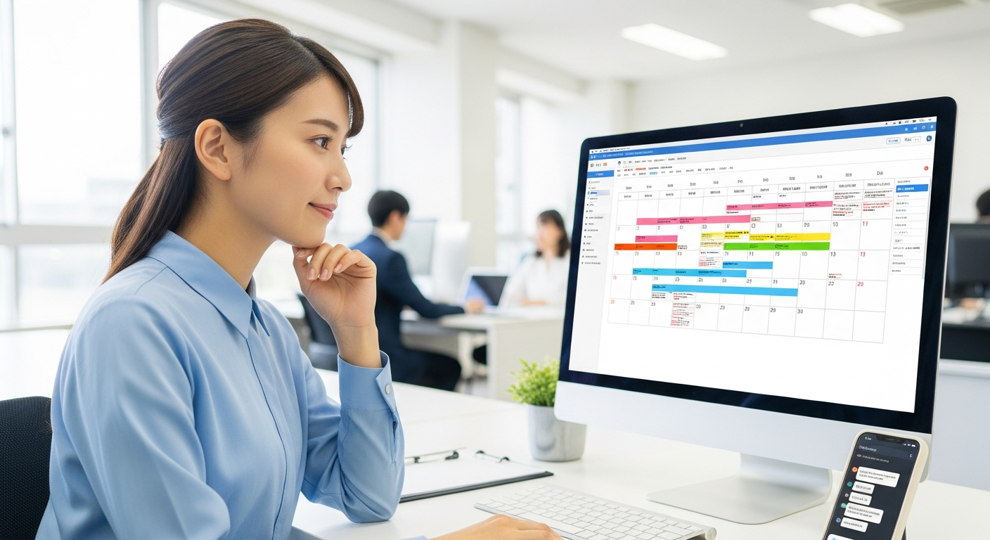 明るいオフィス内、パソコン画面にチームの予定や締切が色分けされたカレンダーを大きく表示し、それを見ながら有給休暇の日程を検討している20代の日本人女性会社員。