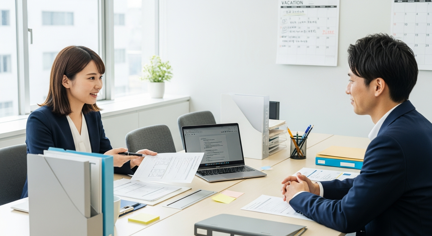 明るいオフィス、日中の自然光が差し込む会議スペースで、20代の日本人女性会社員がノートパソコンとチェックリストの載った書類を前に座り、隣の30代の日本人男性同僚に業務内容を丁寧に説明しているシーン。