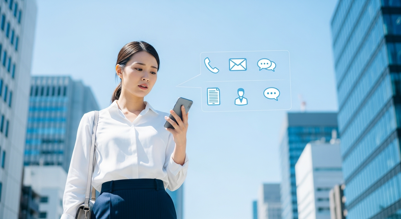 朝の通勤時間帯、明るい青空の下、都心のオフィス街を背景に、20代の日本人女性会社員が歩きながらスマートフォンで上司に連絡している様子。