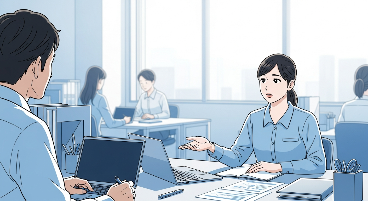 明るい色調で、オフィスの会議スペースを舞台にした自然な構図。