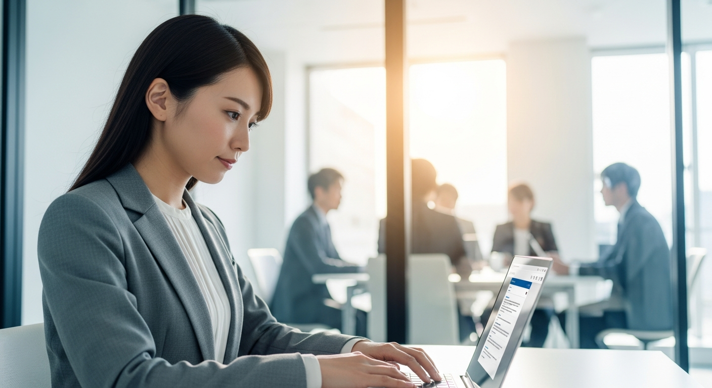 æããè²èª¿ã®ãªãã£ã¹ãã¬ã©ã¹è¶ãã«æãããæ¥å·®ããå
¥ãäŒè°å®€ã®æåã§ã20ä»£ã®æ¥æ¬äººå¥³æ§ããžãã¹ããŒãœã³ããã¹ã¯ã«åº§ããããŒãPCã«åãã£ãŠäžå¯§ã«ã¡ãŒã«ãå
¥åããŠããæ§åã