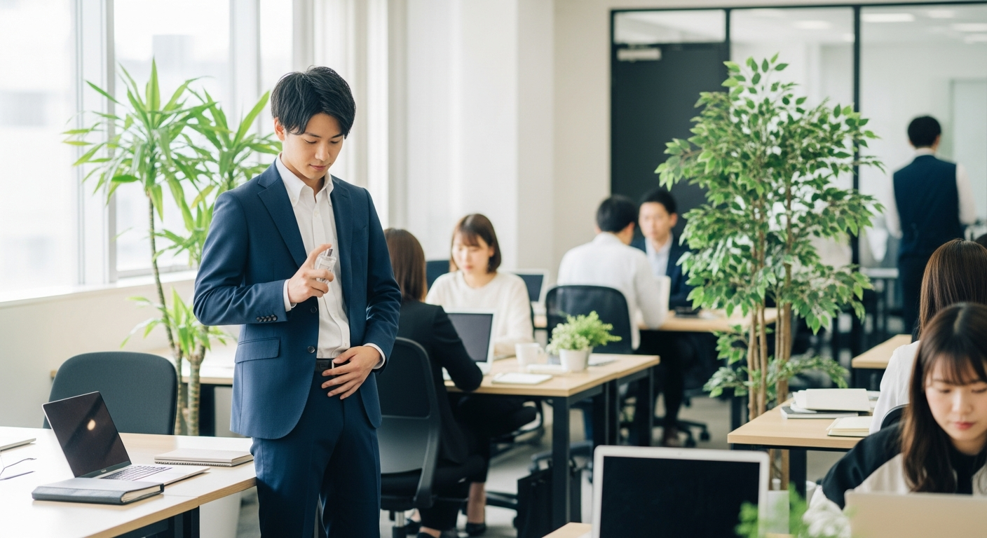 æãããªãã£ã¹ã®äžè§ããã€ããŒã®ã¹ãŒããçã20ä»£ã®æ¥æ¬äººç·æ§ããåºç€Ÿåã«ãã¹ã¯æšªã§éŠæ°Žããã«ãæã«åããããå°éãè
°ã®ãããã«æ§ããã«å¹ããããŠããæ§åã