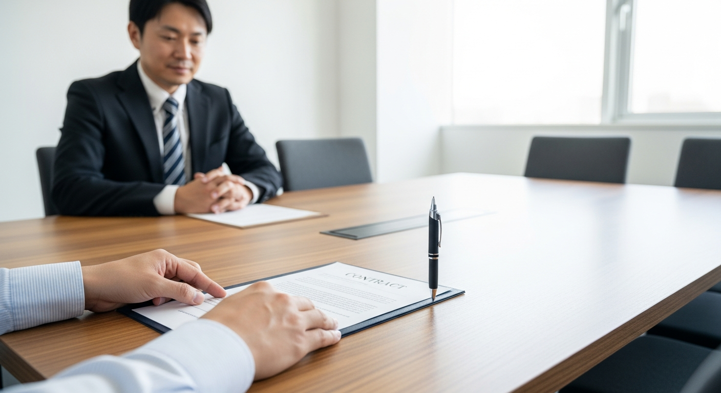 明るいオフィスの会議室、木目のテーブルを挟んで対面するビジネスシーン。