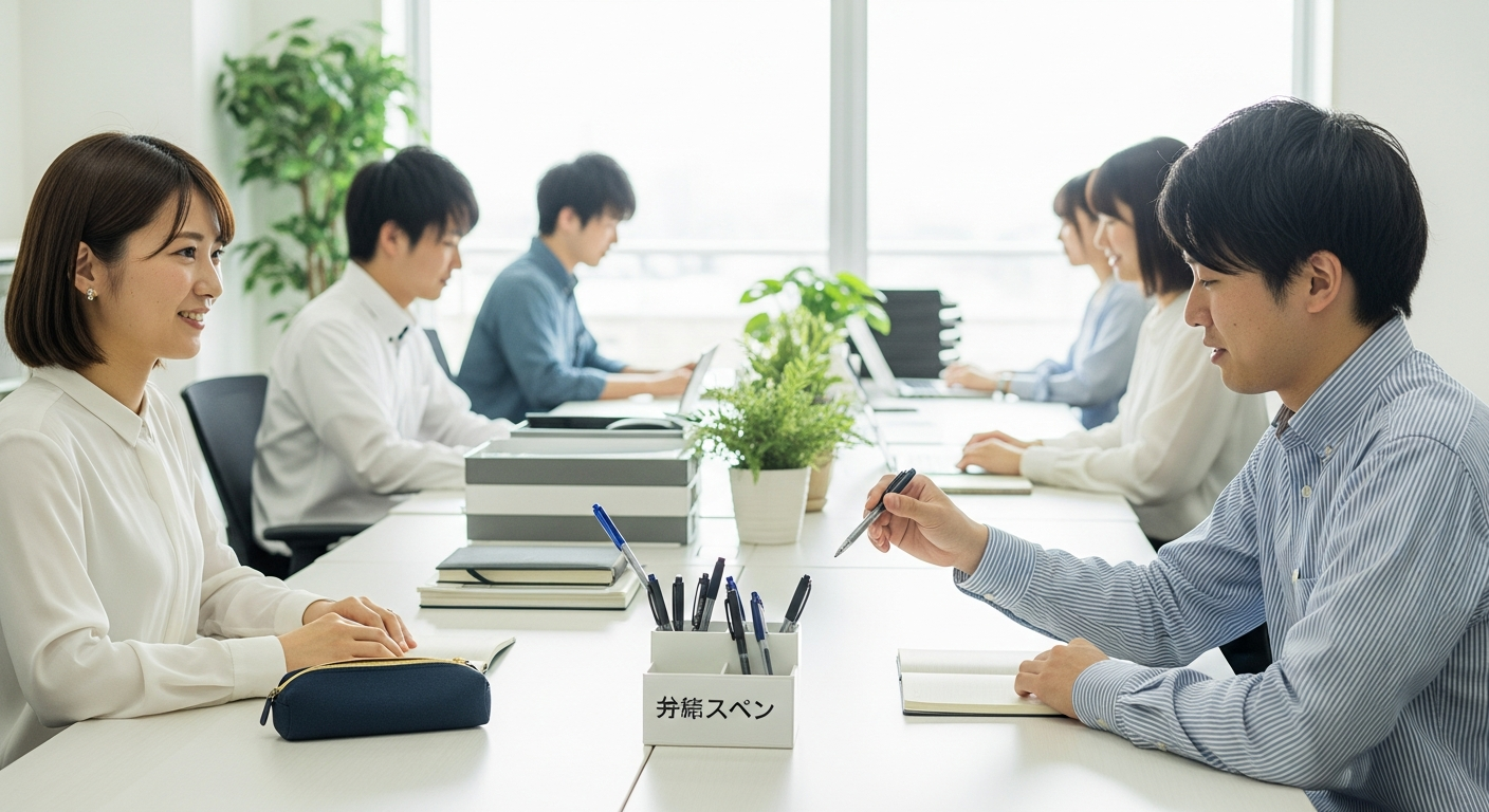 明るいオフィスの一角、日本人の20代男女数人がデスク周りで穏やかに仕事をしているシーン。