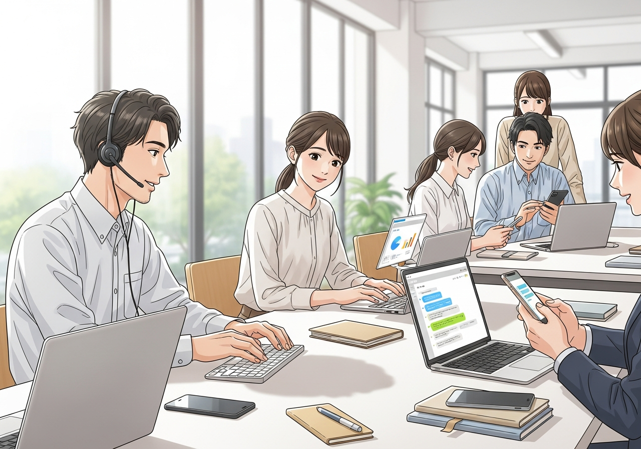 明るいオフィスで、20代と30代の日本人ビジネスパーソン男女数名が、パソコンやスマホを使いながら会話しているシーン。