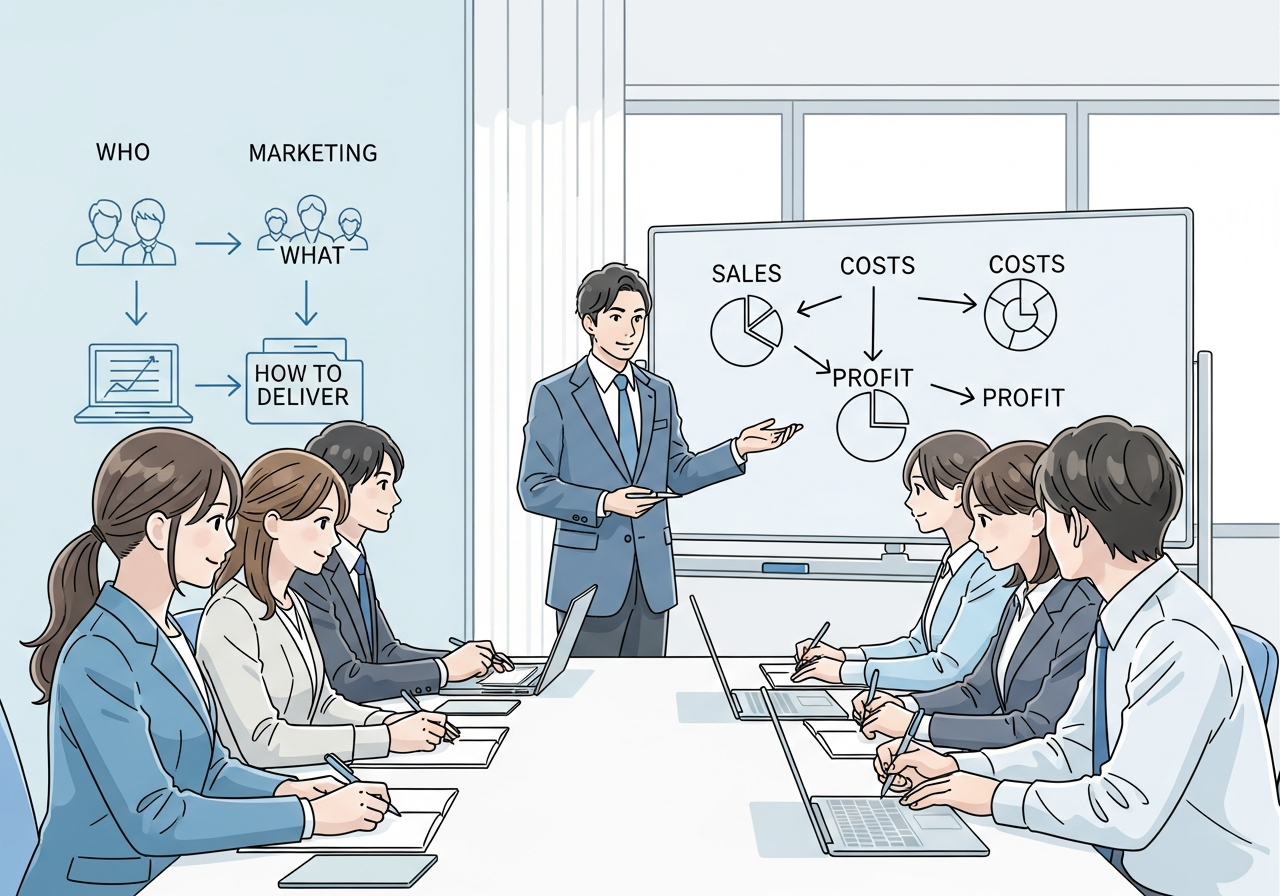 明るいオフィスで、20代の日本人男女数名の新入社員がテーブルを囲み、ノートPCやメモを前にビジネスマナー研修を受けている様子を描く。