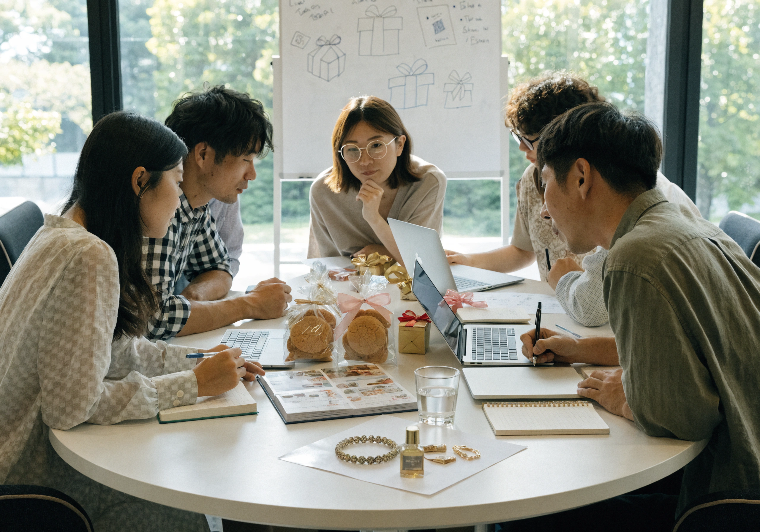 ãªãã£ã¹ã§ãã¯ã€ãããŒã®ãè¿ããçžè«ããæ¥æ¬äººç€Ÿå¡ãã¡ â æããæŒäžããã®ãªãã£ã¹ããã¯ã€ãããŒãã®åã®äžžããŒãã«ãå²ãã§ã20ã30ä»£ã®æ¥æ¬äººç·å¥³æ°äººãããã¯ã€ãããŒçšã®ãèåã«ã¿ãã°ãããŒãPCãåå
è£
ã®ã¯ãããŒããã§ã³ã®ç®±ãèŠãªãã話ãåã£ãŠããã·ãŒã³ã