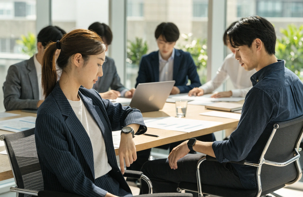 明るいオフィスの会議室、ガラス窓から自然光が差し込む中、20代の日本人男女数人がスーツ姿で面接・商談前の打ち合わせをしている様子。