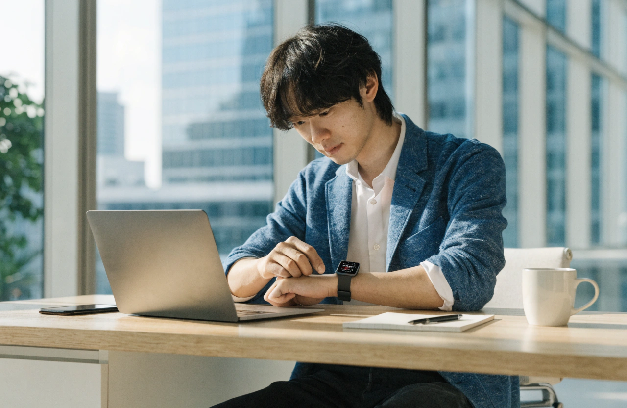 明るいオフィスで、ノートPCの前に座る20代の日本人男性ビジネスパーソンが、落ち着いたビジネスカジュアルのスーツスタイルで左手のスマートウォッチ画面を自然に見ている様子。